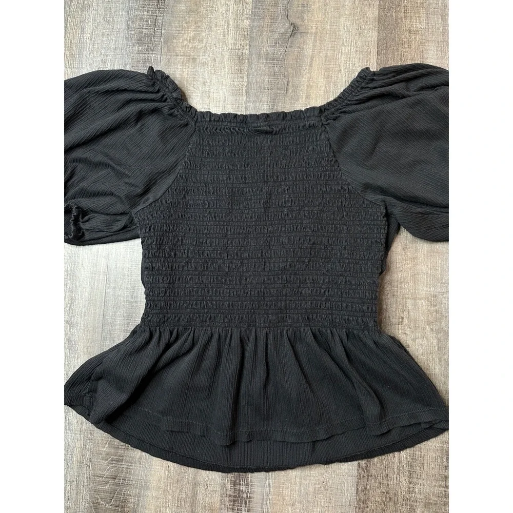 Old Navy Womens Black Smocked Peplum Top Puff Sleeve Square Neck Gauze Large